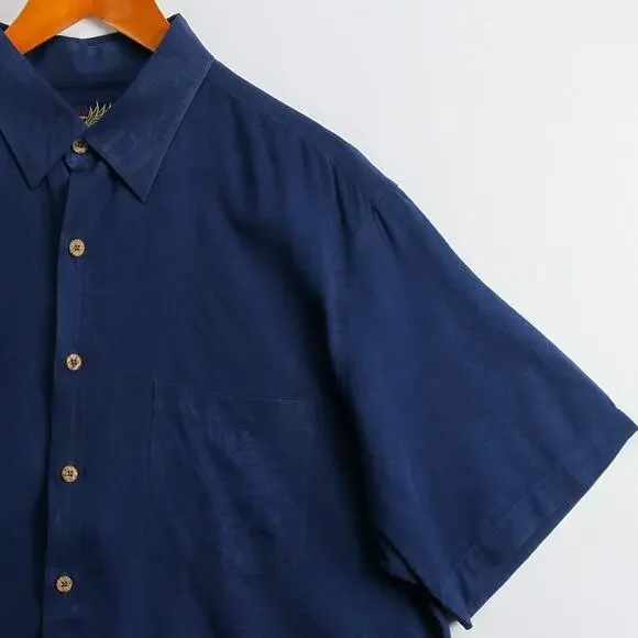 Caribbean 100% Silk Shirt Mens XL Navy Palm Textured Tropical Short Sleeve - Picture 4 of 11